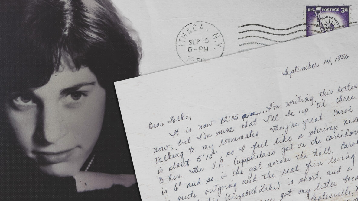 photo illustration of a photo of Linda Jarschauer Johnson ’60, MS ’63, as an undergrad and the first letter home she wrote to her parents along with the envelope