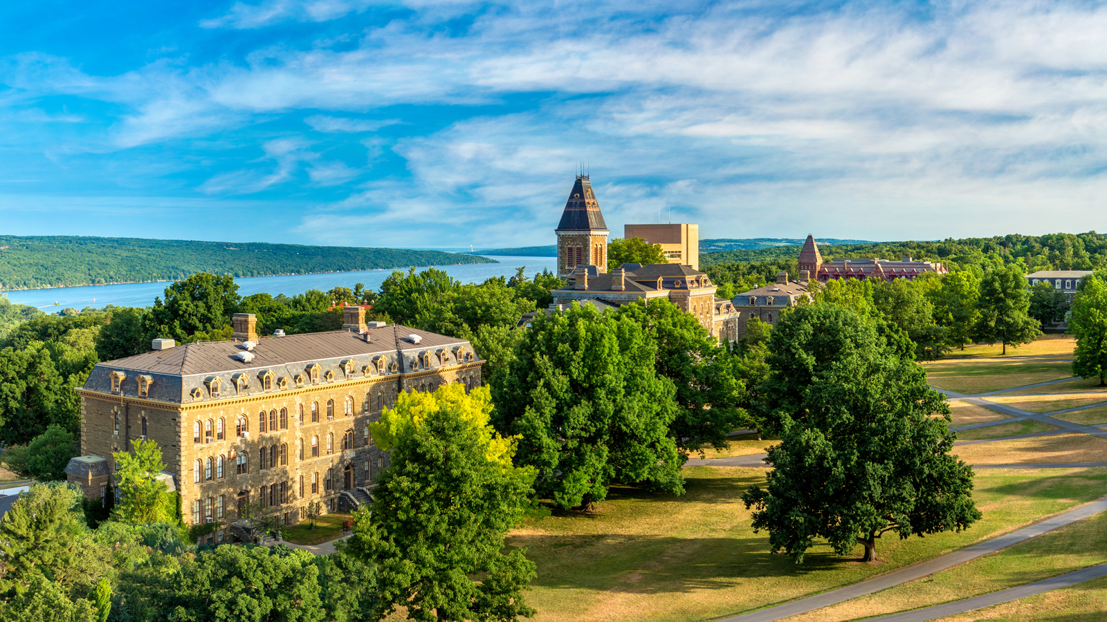 An aerial view of buildings on the Cornell Arts Quad
