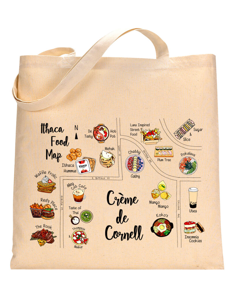 A tote bag with food-related images.