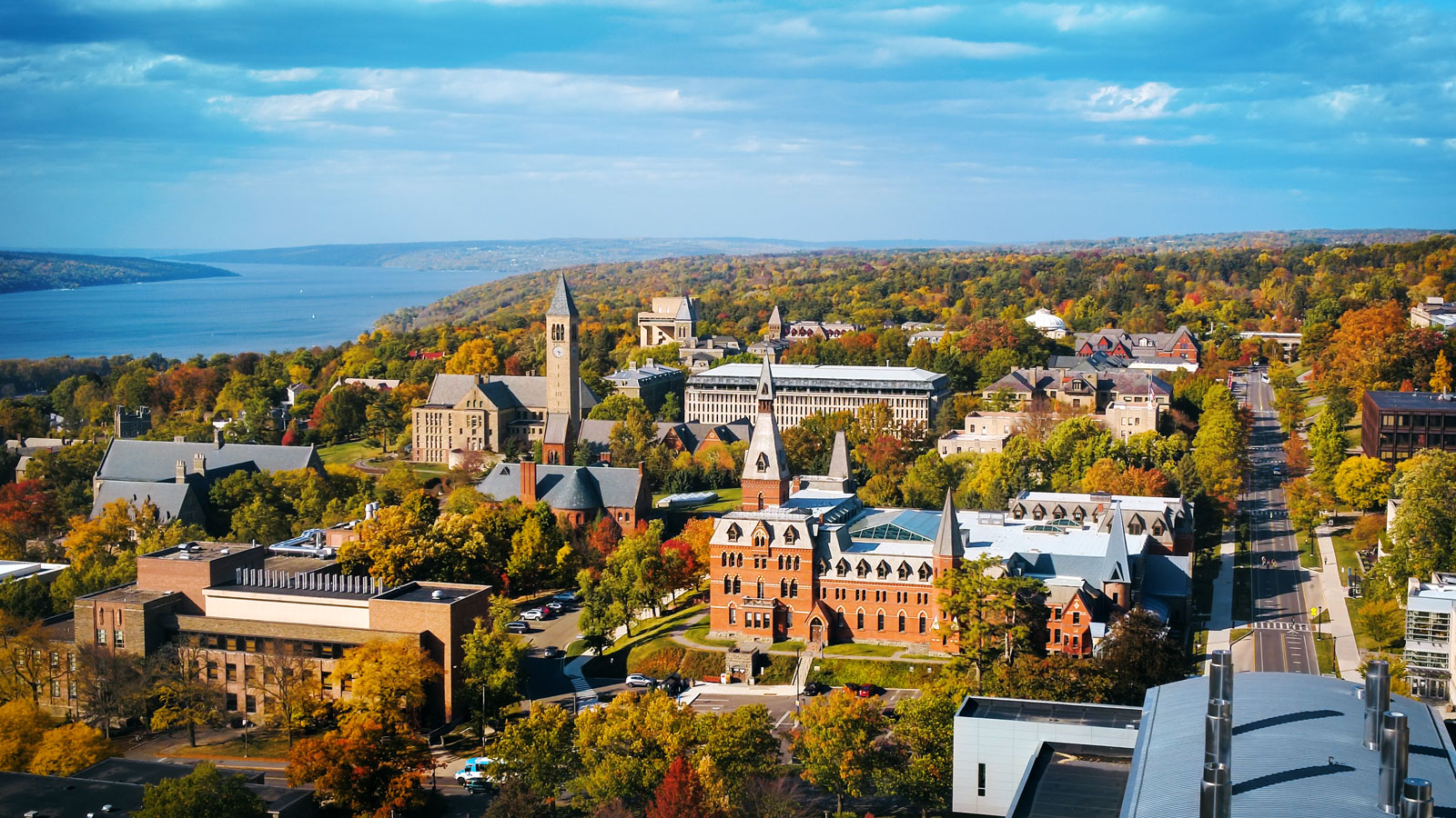 An overhead shot of the Cornell University Campus with Sage Hall in the foreground