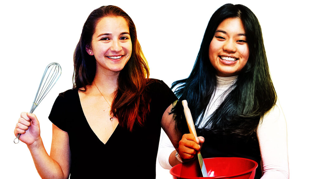 Abigail Reing (left, holding a whisk) and Alex Castroverde (holding a red bowl and spoon)