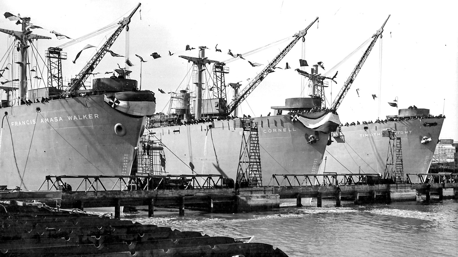 The S.S. Ezra Cornell is pictured alongside two other Liberty ships ready to launch on March 7, 1943, from the Todd-Bath Iron Shipbuilding Corporation in South Portland, Maine
