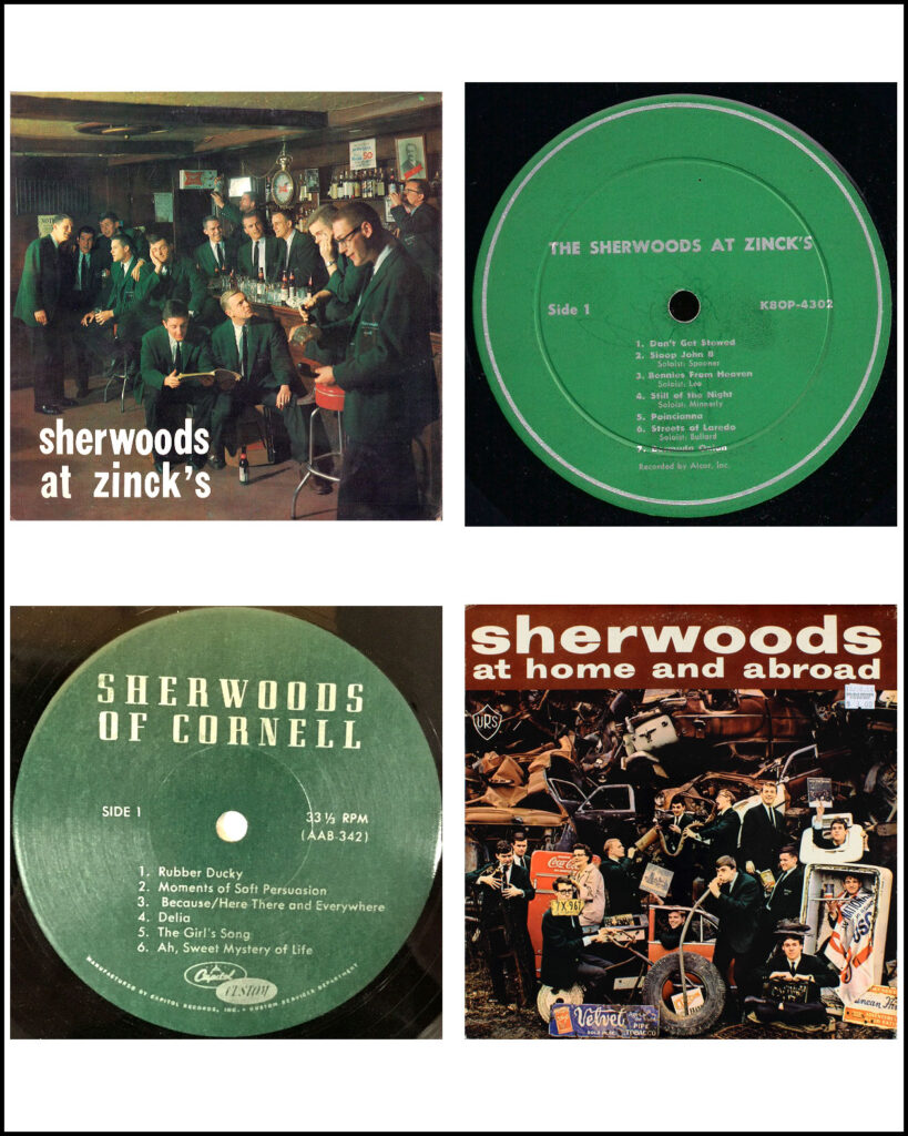 Composite image showing two Sherwood album covers and two LP record labels