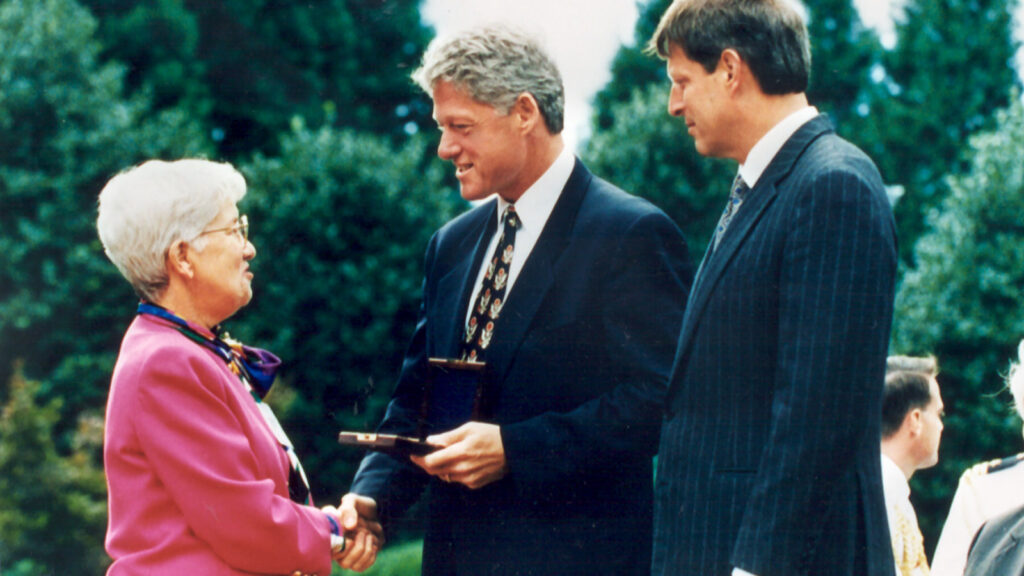 Vera Rubin receives the National Medal of Science from President Bill Clinton on September 30, 1993, at the White House as then Vice President Al Gore looks on