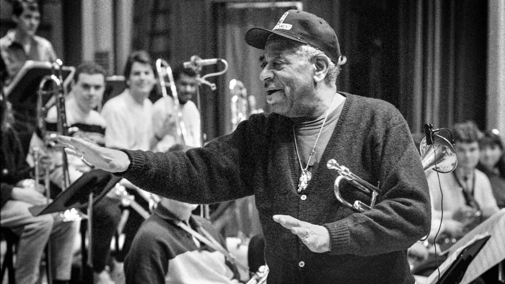 Dizzy Gillespie performs with the Cornell Jazz Ensemble in Bailey Hall in 1991