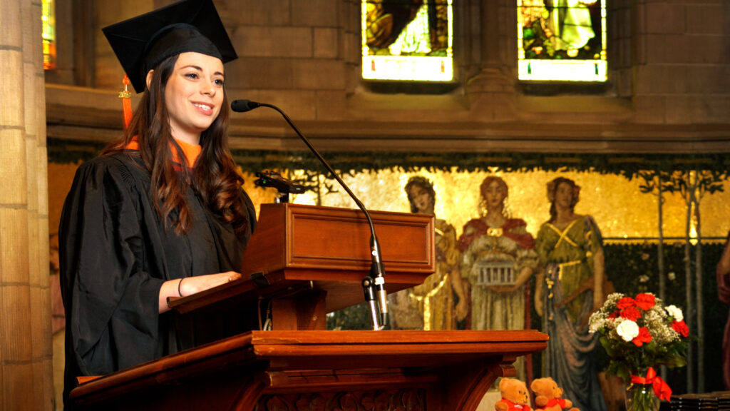 Renee Frohnert, MEng ’19, pictured in cap and gown in Sage Chapel, was the invited student speaker for the 2019 College of Engineering graduation ceremonies for all MEng students