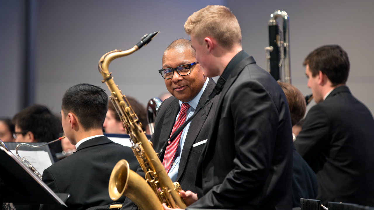A.D. White Professor-at-Large Wynton Marsalis performs with the Cornell Jazz Band and Wind Symphony in Bailey Hall in 2018