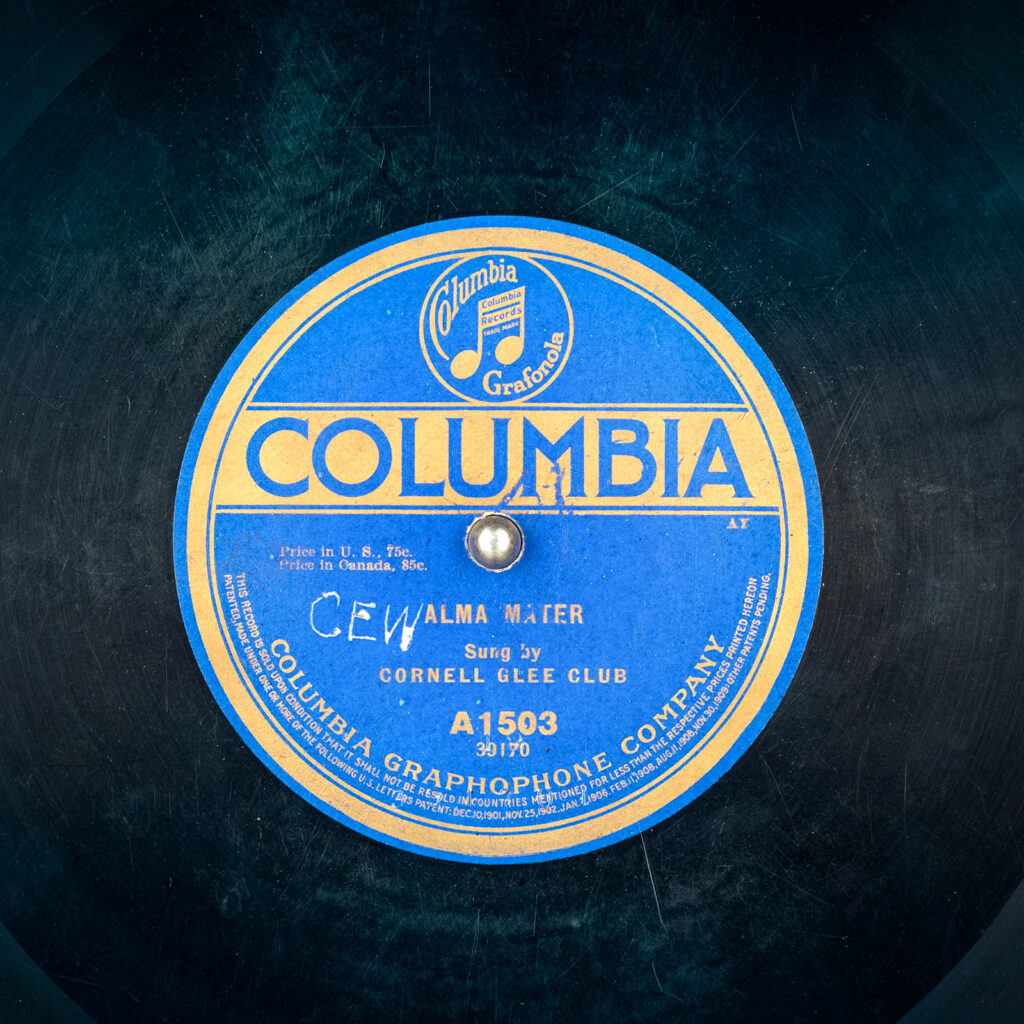78 rpm record and label of 1914 recording of the Cornell Alma Mater