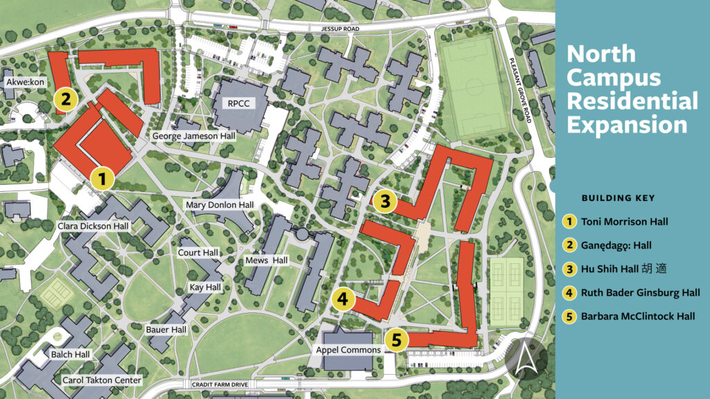 Map showing Cornell's North Campus Residential Expansion with new halls highlighted in red
