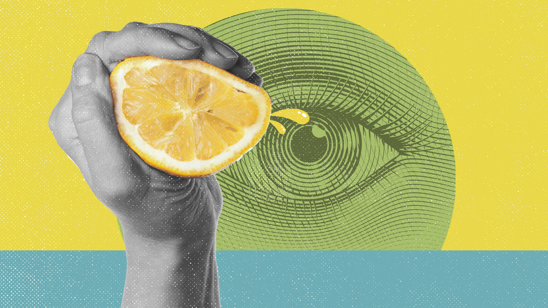 An illustration of a hand squeezing a citrus fruit in front of an illustration of an eye