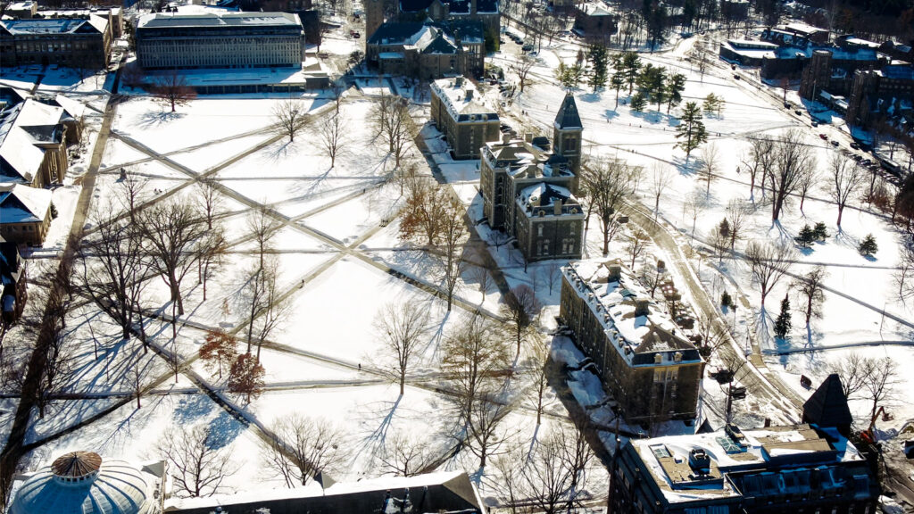 Aerial view of a snow-covered Arts Quad