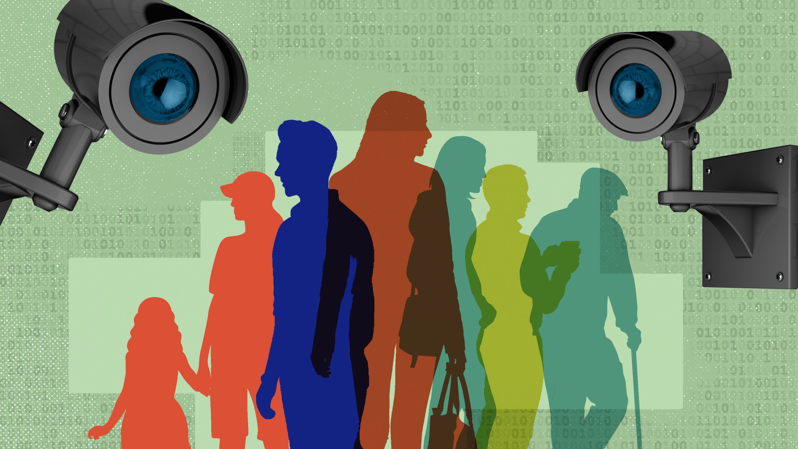 An illustration depicting two surveillance cameras observing people from various age groups