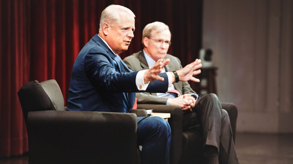 Former Rep. Steve Israel, left, director of Cornell’s Institute of Politics and Global Affairs, chats with former national security adviser Stephen Hadley ’69 at the 2019 Olin Lecture in Bailey Hall