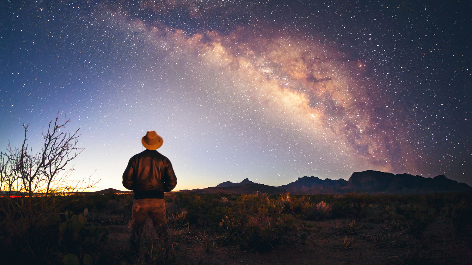 Tyler Nordgren, viewed from behind, Top image: Nordgren watches the Milky Way rise at Big Bend National Park.