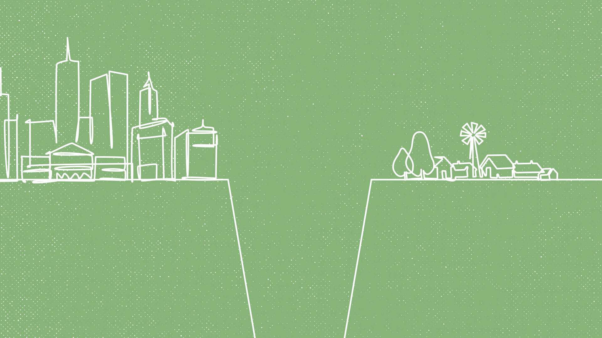 An illustration on a green background depicting a cityscape on the left and a rural community on the right, divided by a deep chasm.