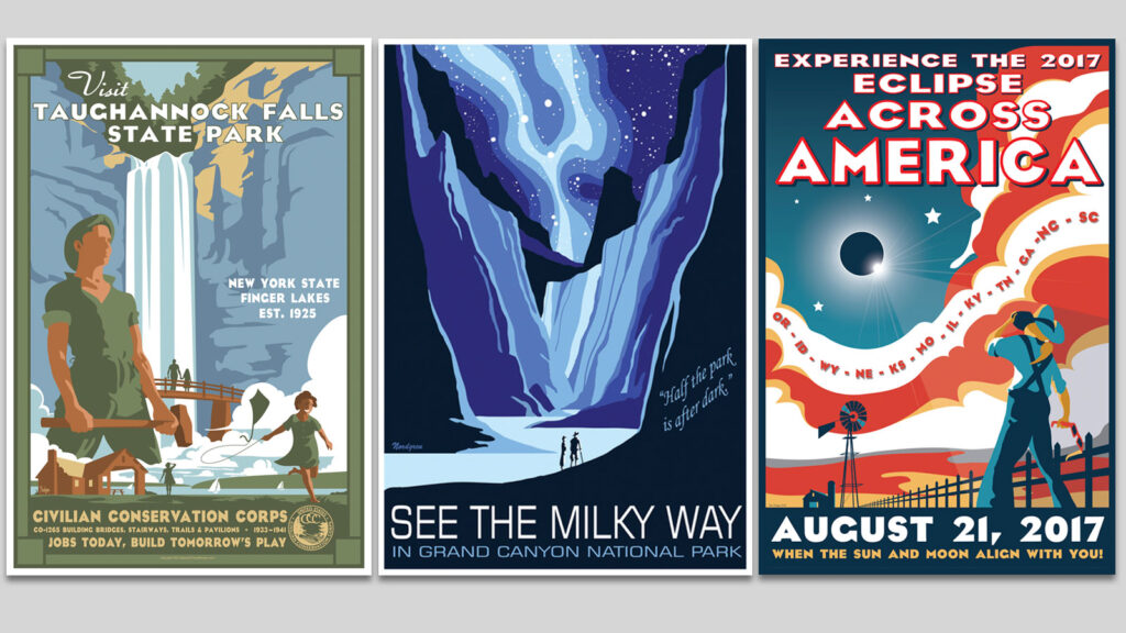 Three travel posters depicting (from left) Taughannock Falls State Park, viewing the Milky Way at the Grand Canyon, and the August 2017 solar eclipse.