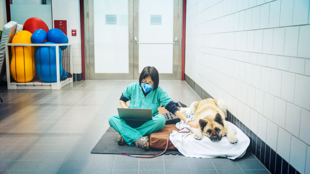 A woman in scrubs sitting next to a dog