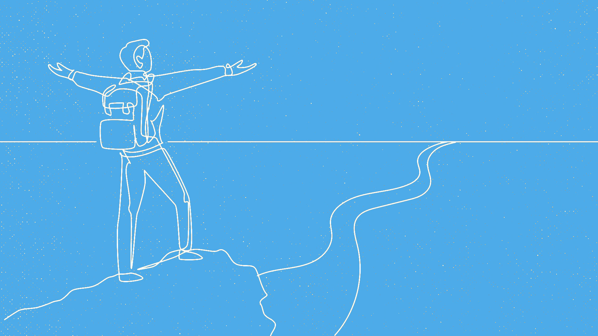 An illustration on a blue background depicting a man wearing a backpack looking ahead at a path