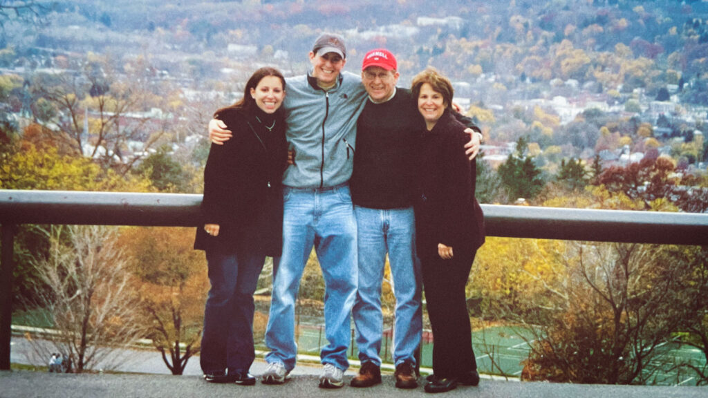 Adam Caslow pictured with his sister, Emily Caslow Gindi, father Robert Caslow, and mother Miriam Caslow on a visit to the Cornell campus