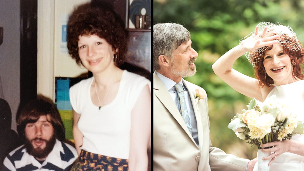 a couple depicted in the 70s and recently at their wedding