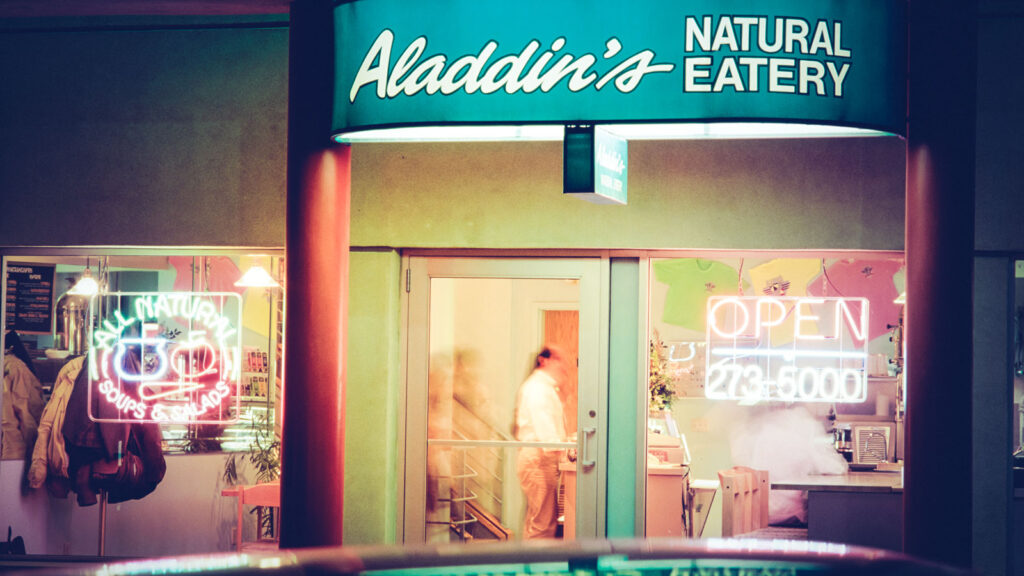 Exterior view of Aladdin's Natural Eatery, a popular Dryden Road restaurant for decades