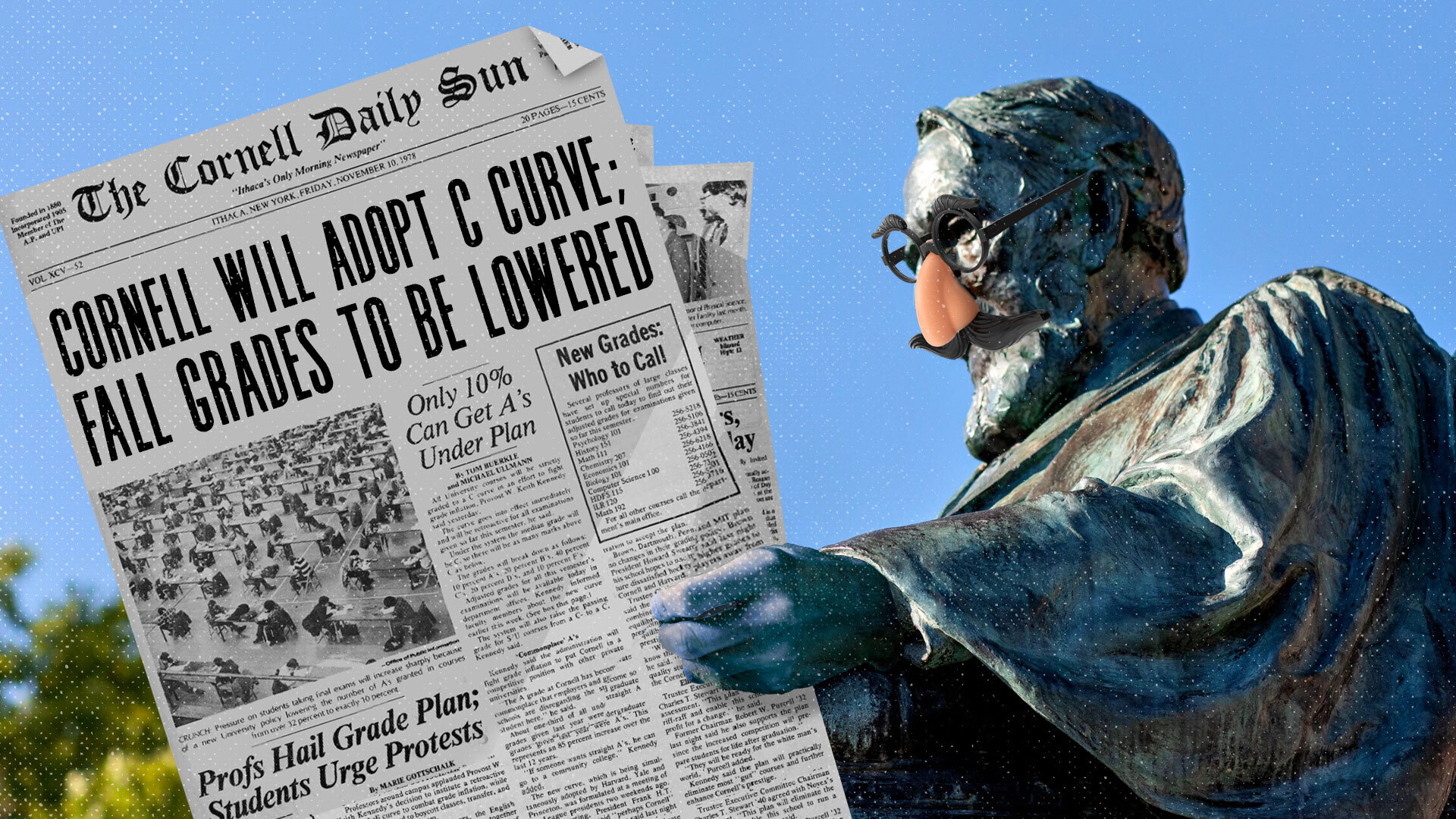 Illustration shows Cornell's A.D. White statue wearing a fake nose and glasses and holding a joke issue of the Daily Sun