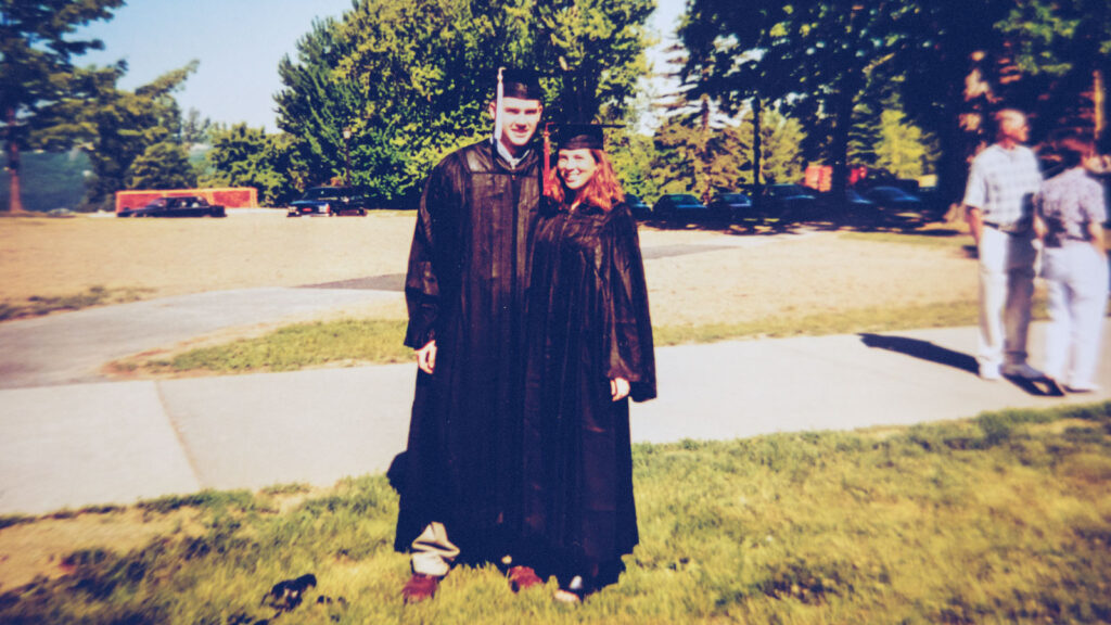 Grantz with classmate (and future wife) Deanna Sharpsteen Grantz, also Class of ’99, on graduation day