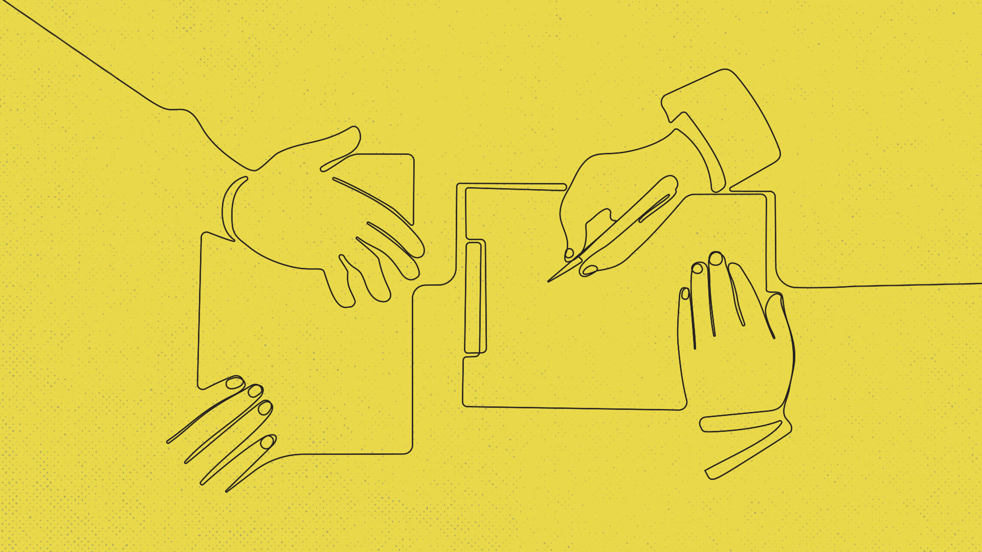 An illustration of four hands representing job negotiation, with black lines on a yellow background