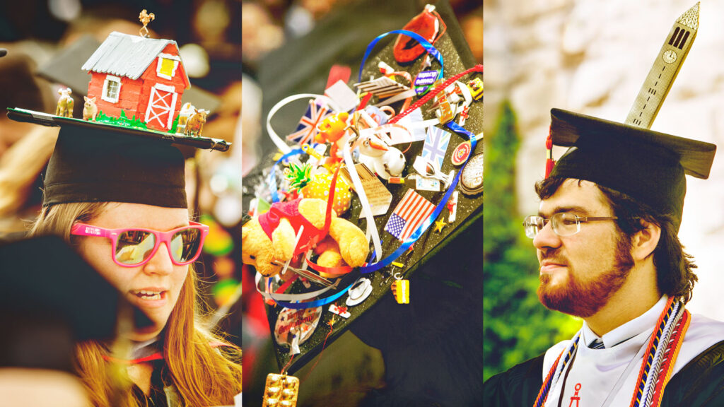 collage of three images of decorated mortarboards on graduates' heads