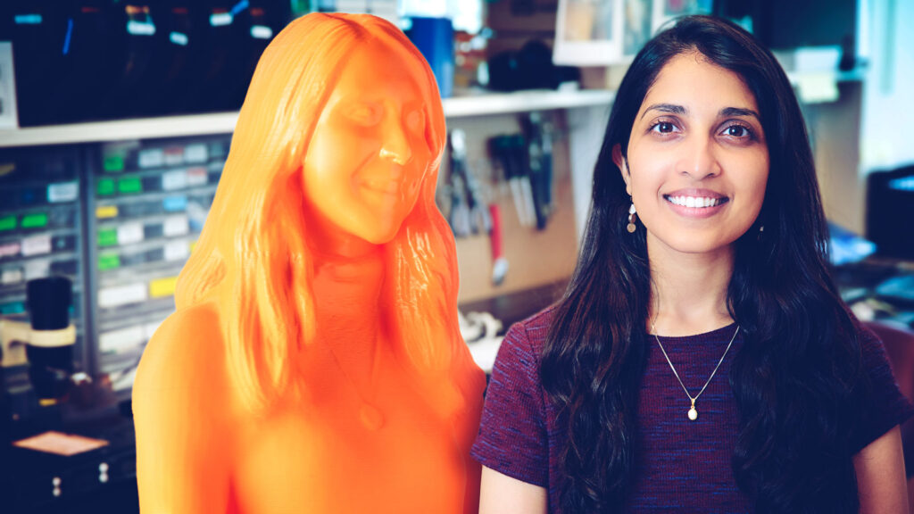 A composite image of Ritu Raman and her statue