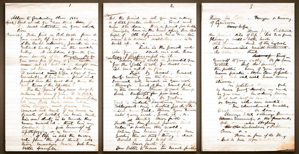 Hand-written pages from a commencement speech by A.D. White