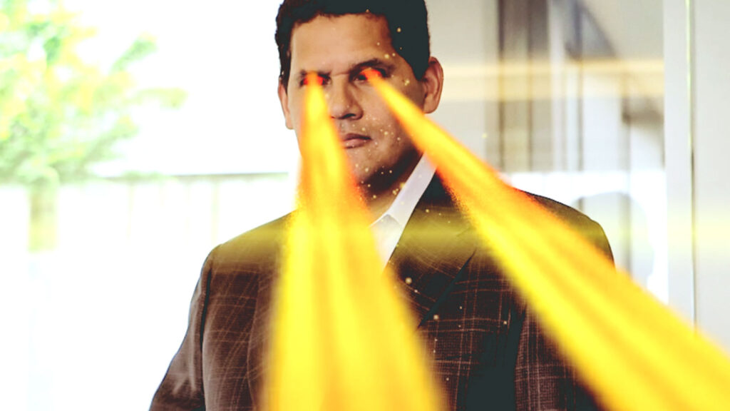 Reggie Fils-Aimé with laser beams shooting out of his eyes
