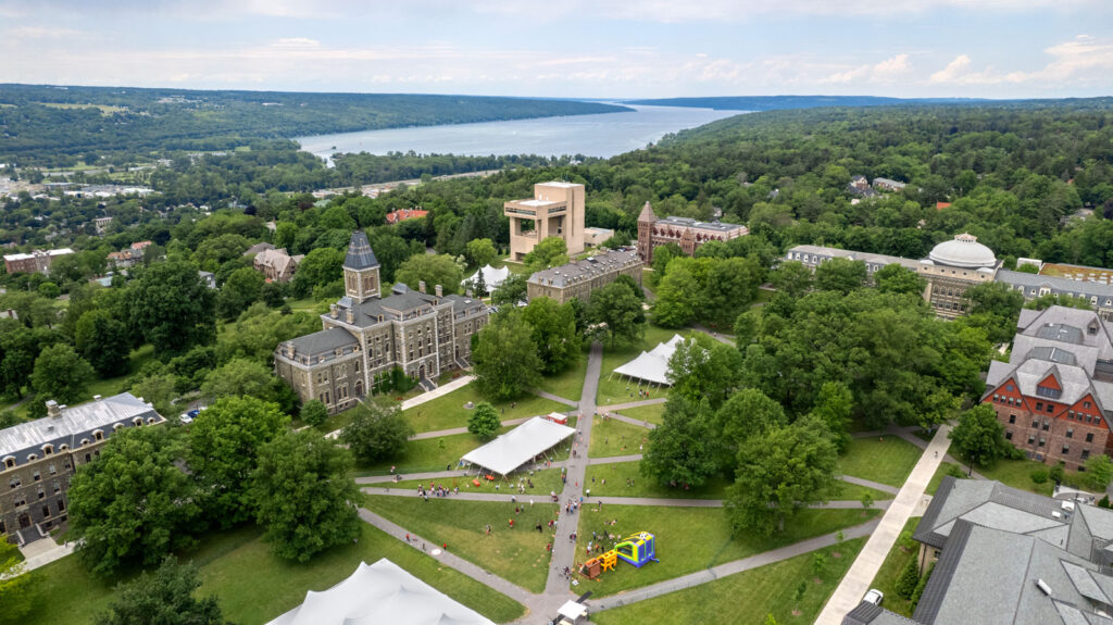 Drone photo view of the Arts Quad and the Fun in the Sun festival during Reunion Weekend