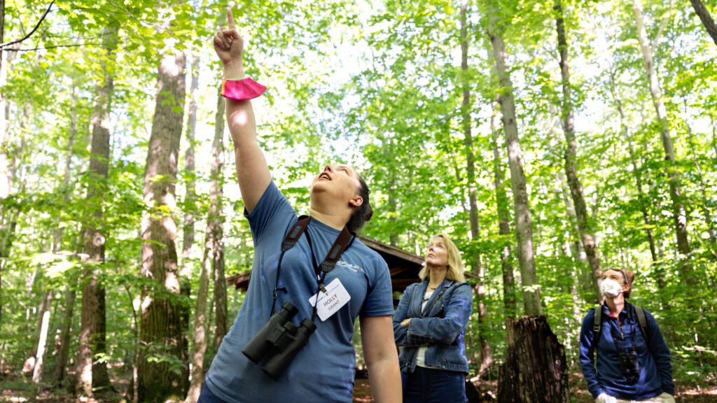 A guided bird walk is led by a Cornell Lab of Ornithology staffer along the Sapsucker Woods trails