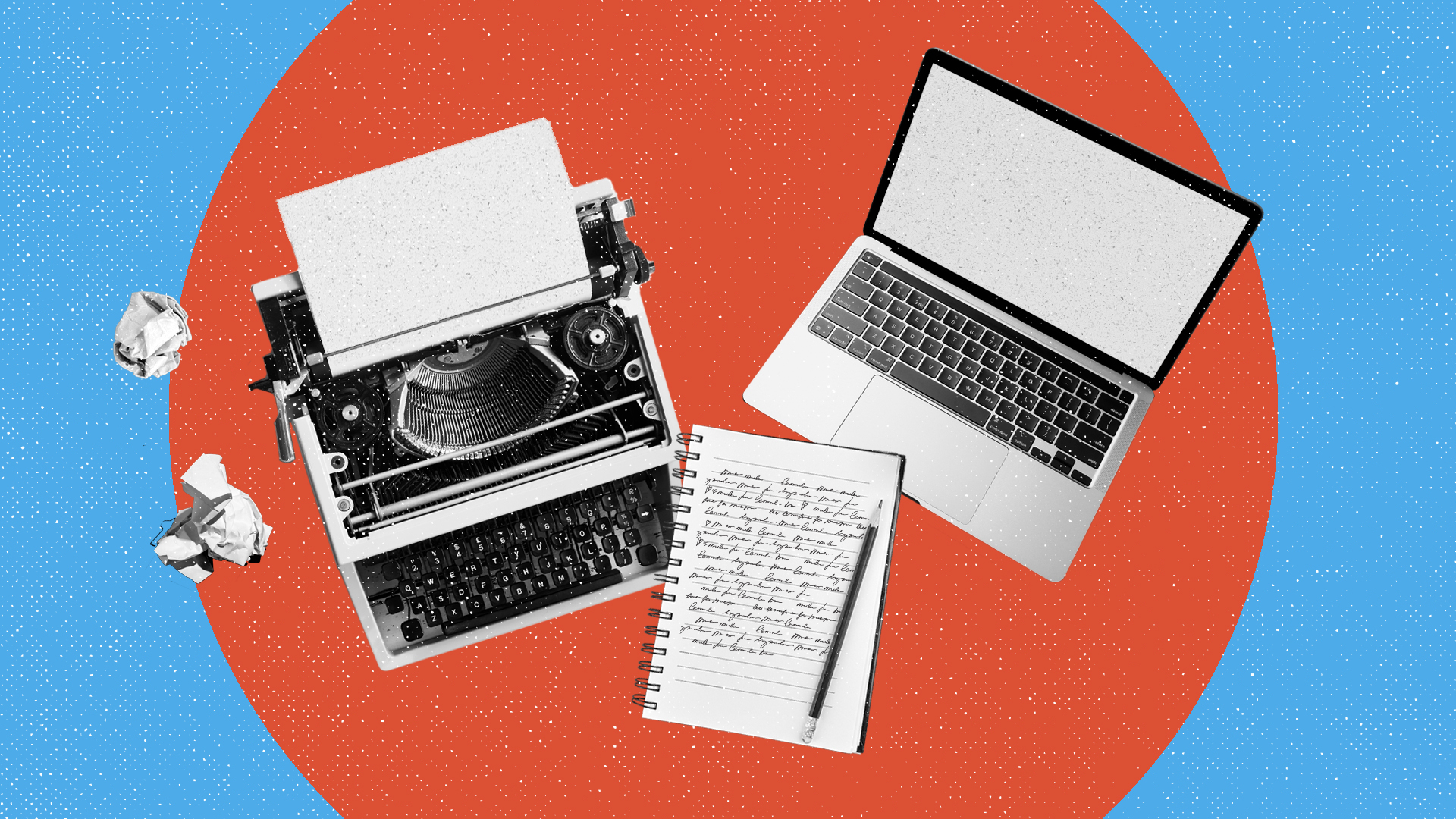 An illustration of a typewriter, notebook, and laptop