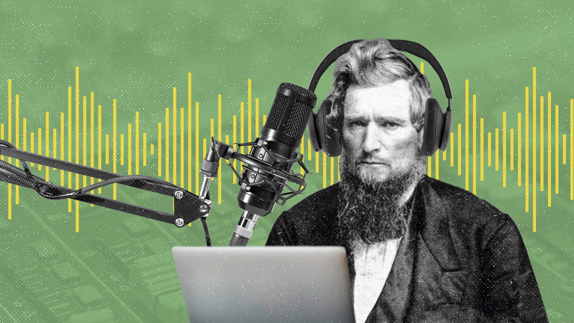 An illustration of Ezra Cornell doing a podcast