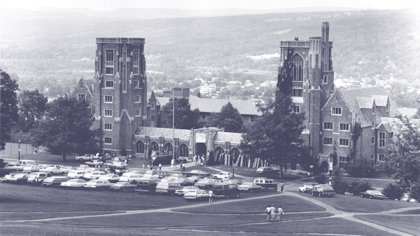 Cars parked above West Campus during move-in 1979