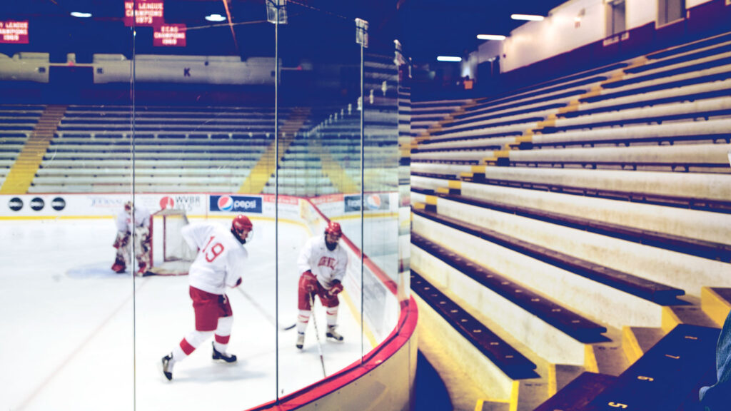 Interior view of Lynah Rink during a Big Red Hockey practice
