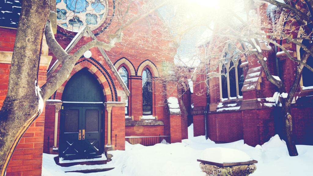 Exterior of Sage Chapel view in winter