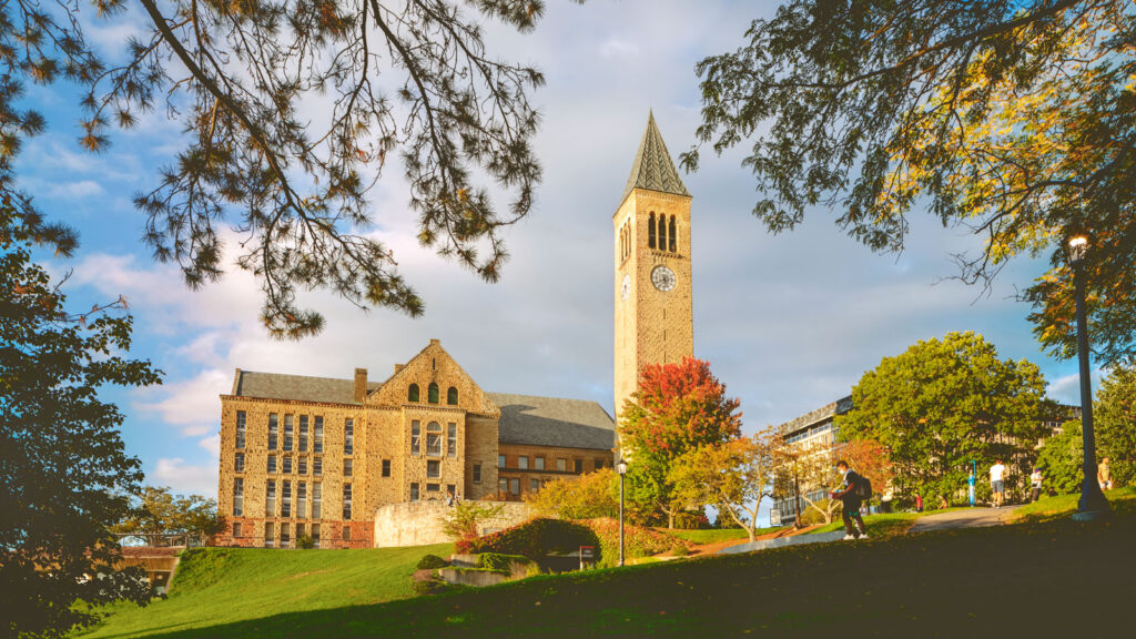McGraw Tower, Uris Library, and Olin Library in fall,