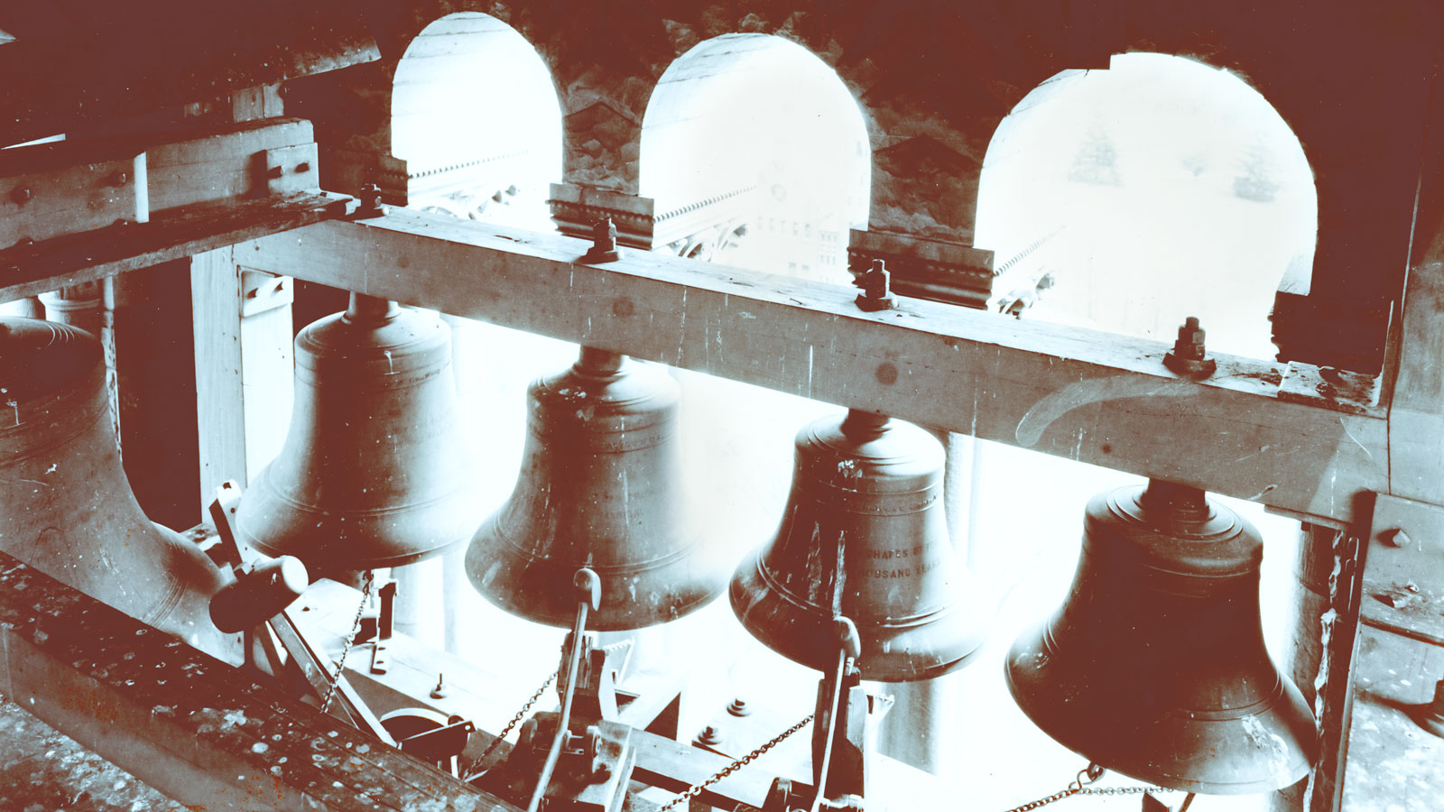 A vintage shot of the Cornell Chimes bells in the tower