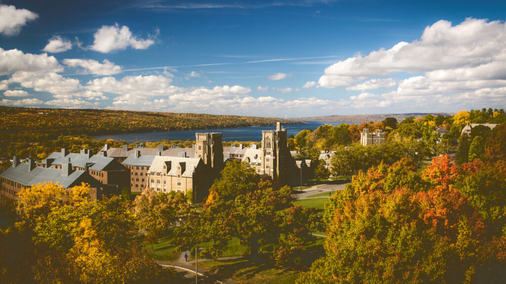 West Campus and Cayuga Lake in fall