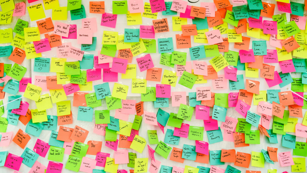 A white sheet covered in colorful post-it notes