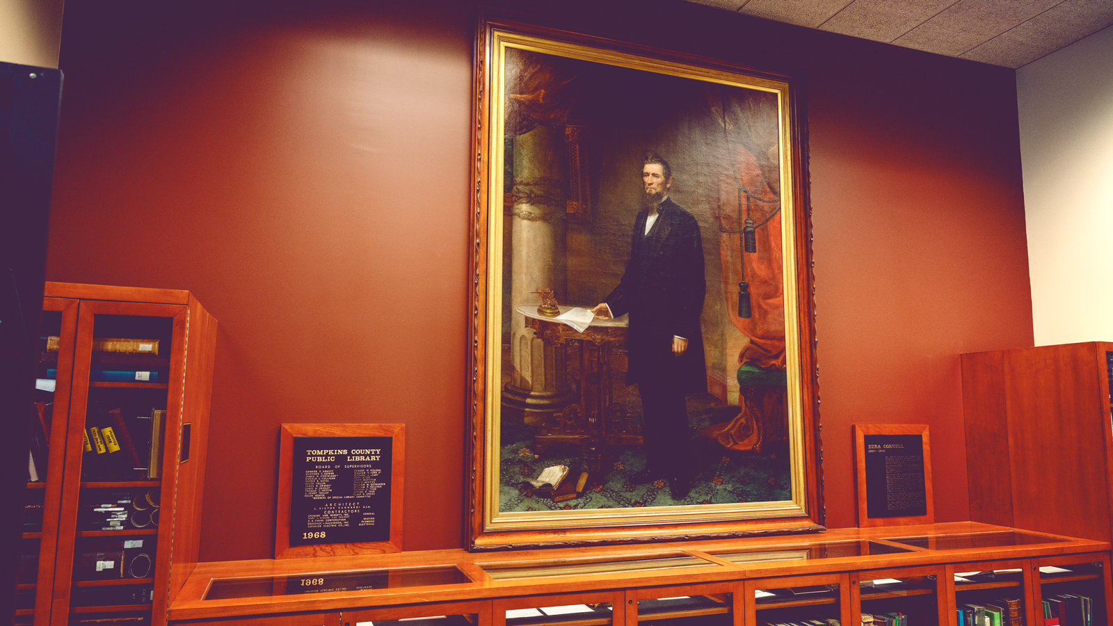 This portrait of Ezra Cornell, painted in the 1860s, hangs in the Tompkins County Public Library