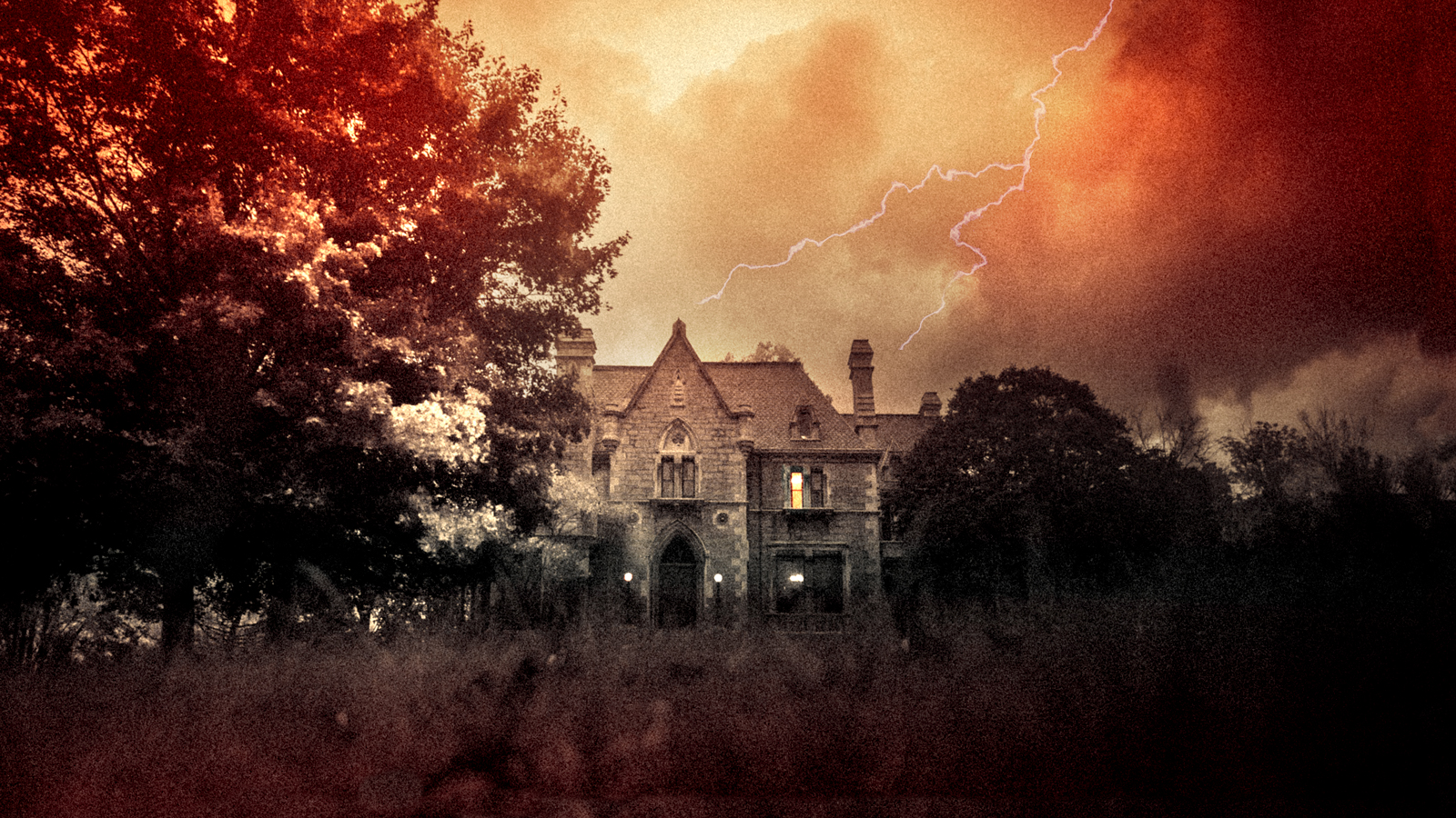 Photo illustration of Llenroc in fall with storm clouds and lightning