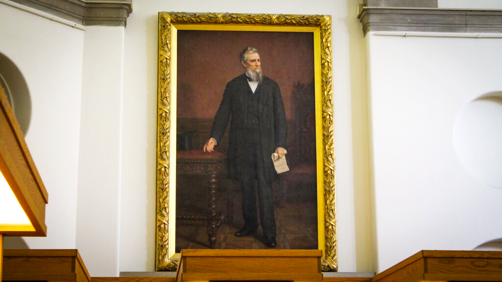 Portrait of Ezra Cornell that has been on display in Uris Library since 1899