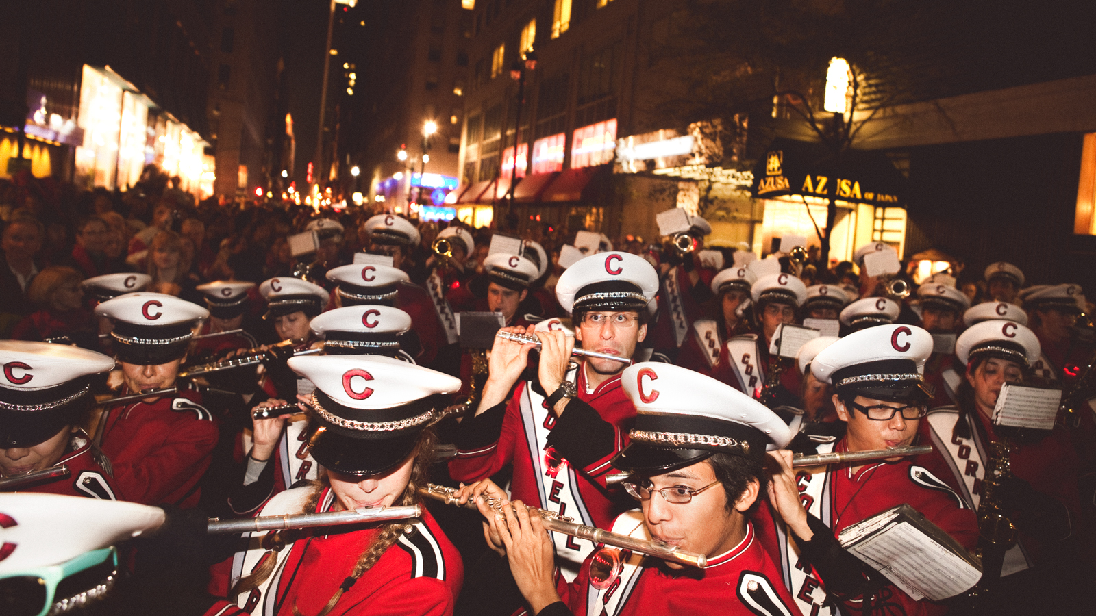 Big Red Band members perform in front of the Cornell Club in New York City