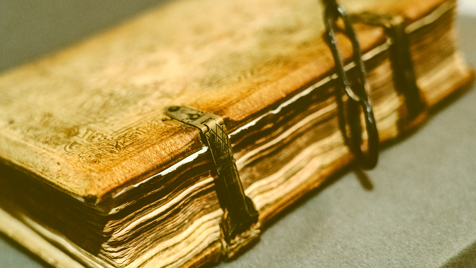 detail view of medieval bound book in Library Archives