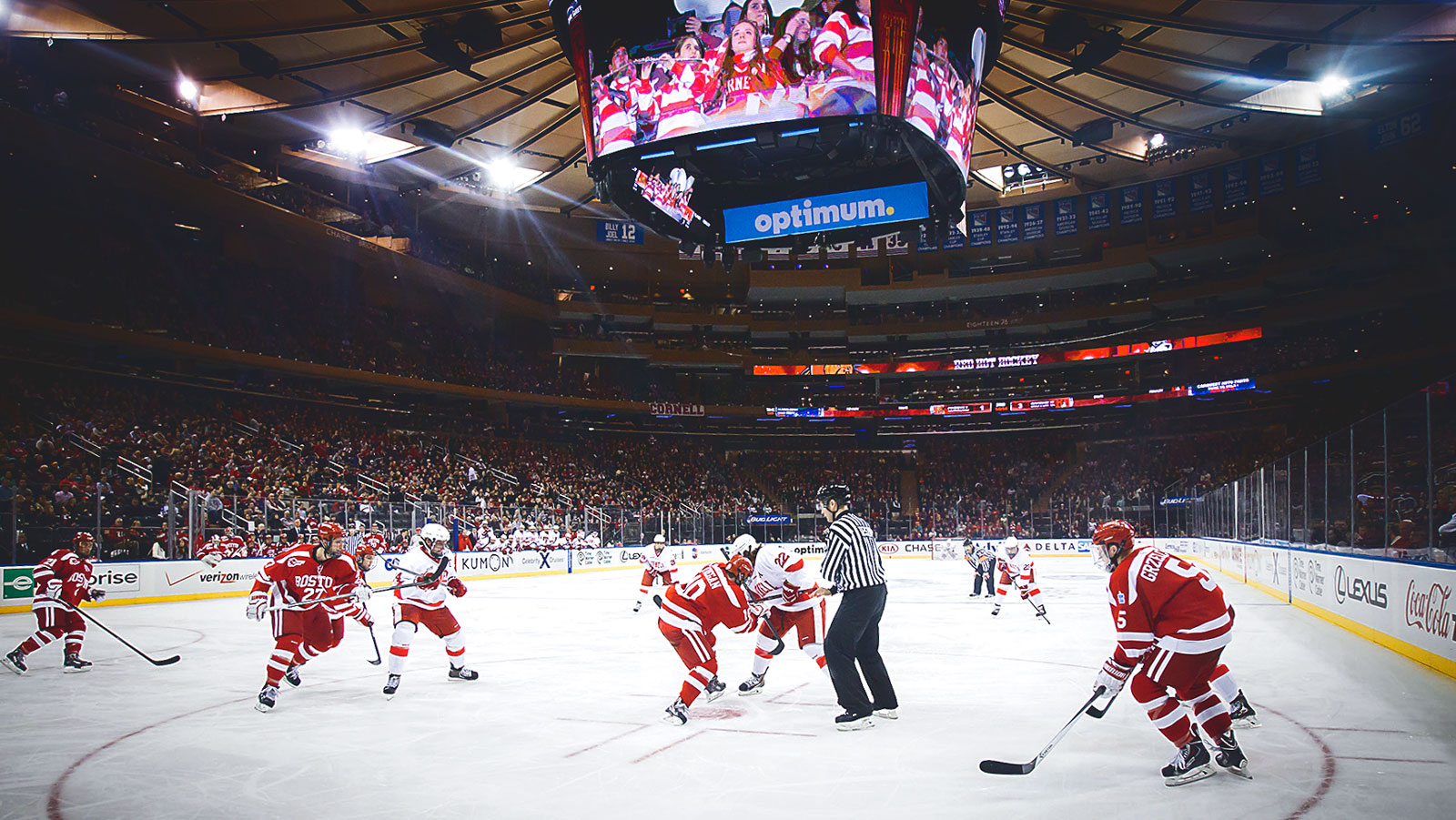 Cornell and Boston men's hockey teams playing the Red Hot Hockey game at Madison Square Garden