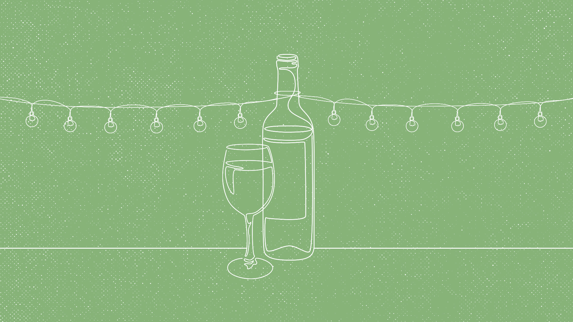 An illustration of a wine bottle and glass with a string of holiday lights